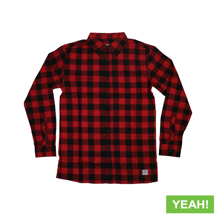 AKOMPLICE LUMBERJACK BUTTON UP RED PLAID YEAH!
